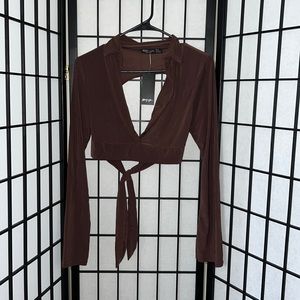 Nasty Gal brown crop top open back long sleeve